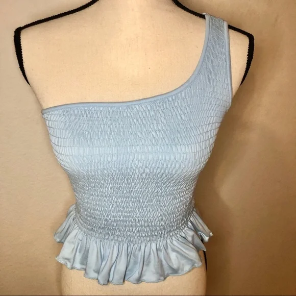 Gaze Baby Blue Ruffle One Shoulder Stretchy Peplum Blouse Top Size S - Picture 2 of 5